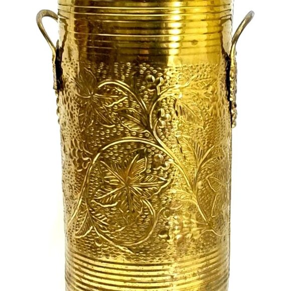 Umbrella Cane Brass Stand Grape Handle Detail Hand Hammered Reverse Floral Vinta - Picture 5 of 12